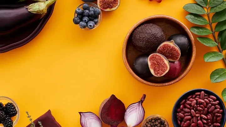 Colourful fruits, vegetables, herbs and nutritional ingredients